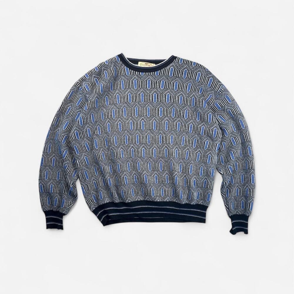 Pronto-Uomo Vintage Coogi style sweater funky patterned navy blue